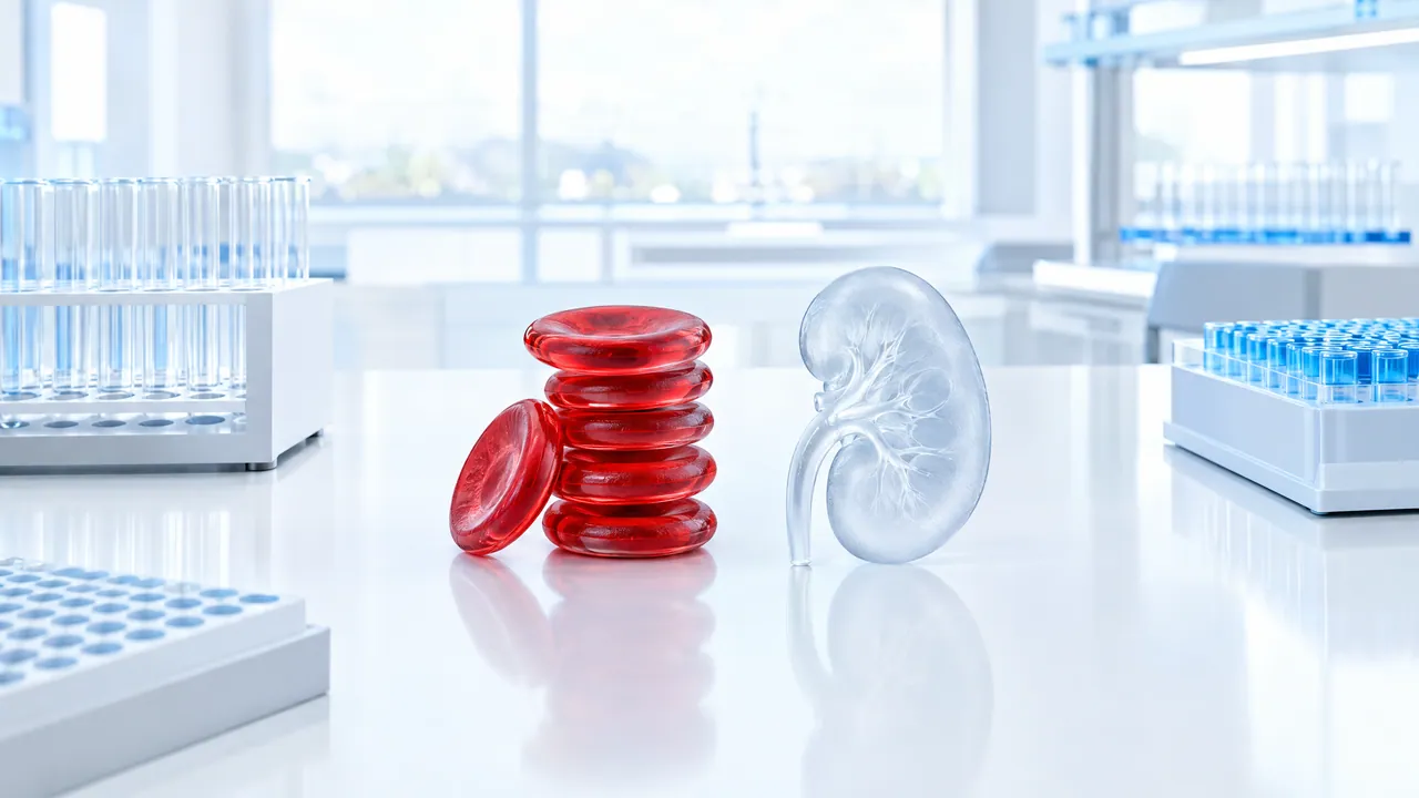 Stack of red glass blood cells next to a frosted glass kidney on a bright lab bench, sample racks with tubes behind them