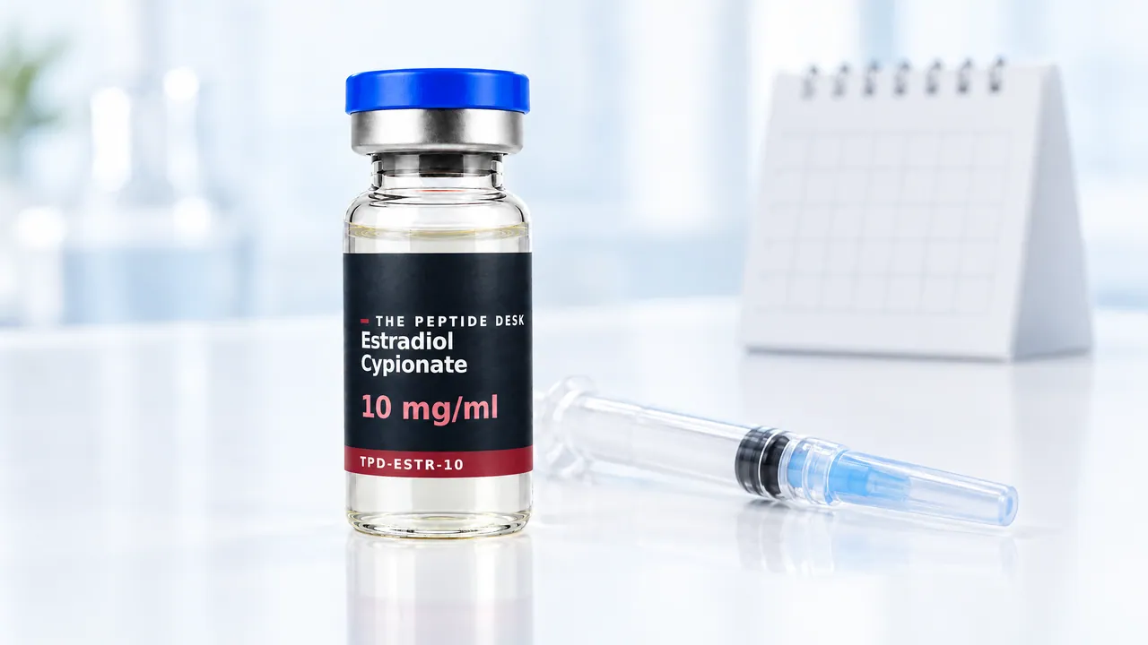 Glass vial with clear solution and a black TPD label, next to it a disposable syringe and a blank desk calendar on a white table