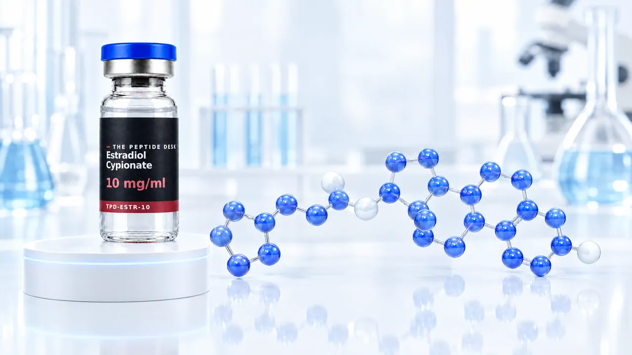 Glass vial with clear solution and a black TPD label on a white podium, next to it a glossy blue 3D steroid molecule with a side chain in a bright lab, symbolic image for Estradiol Cypionate