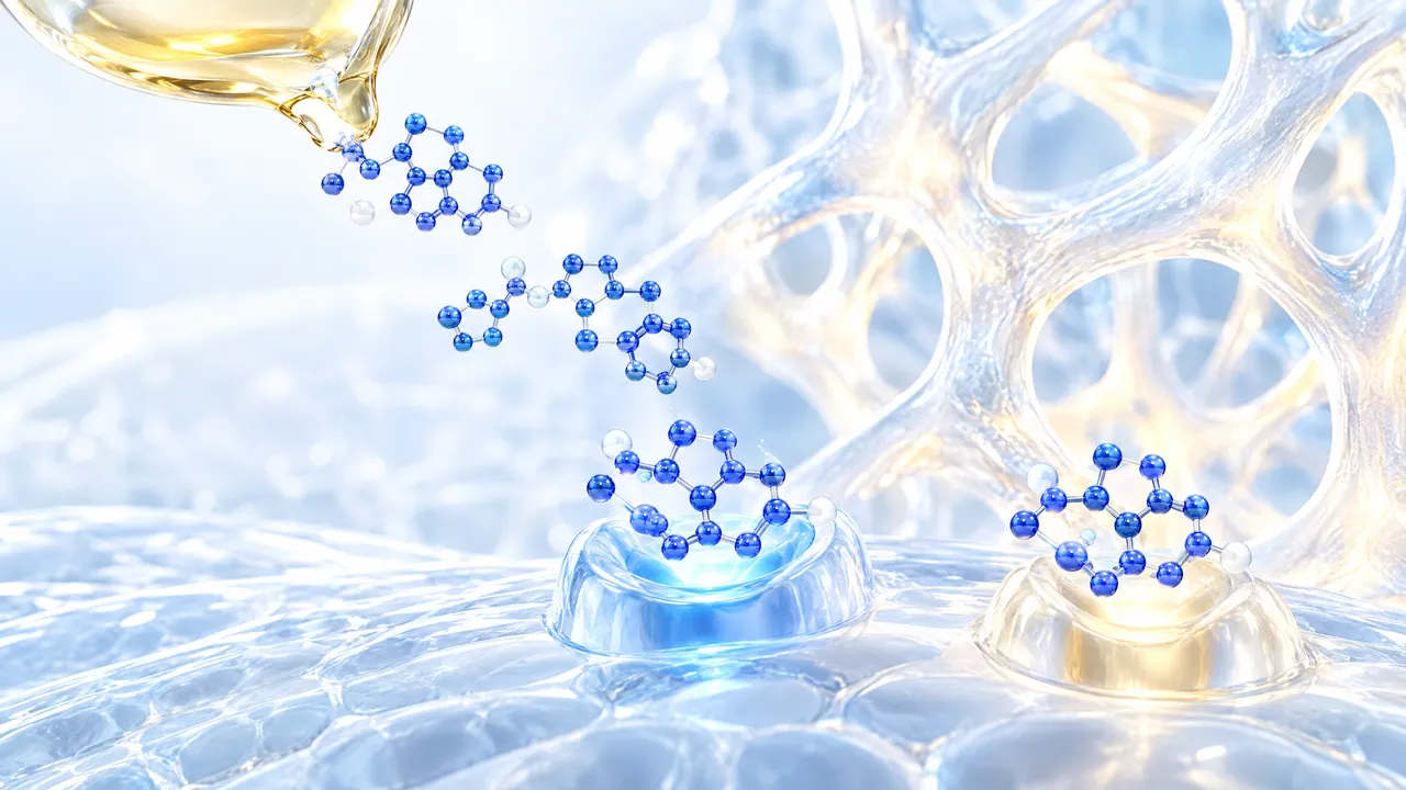 Golden oil droplet releases glossy blue 3D molecules that sink into transparent binding sites on a light tissue surface, a honeycomb-like glass structure in the background