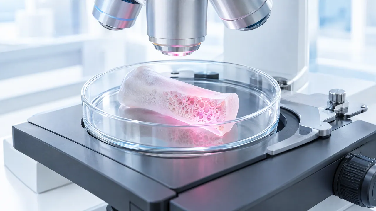 Pink bone sample with a spongy structure in a petri dish under a microscope