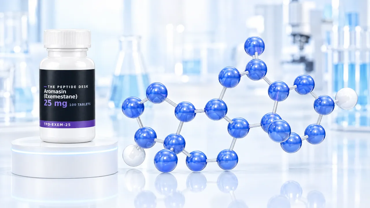 White tablet bottle with a black TPD label on a white podium, next to it a large glossy blue 3D steroid molecule in a bright lab, symbolic image for exemestane
