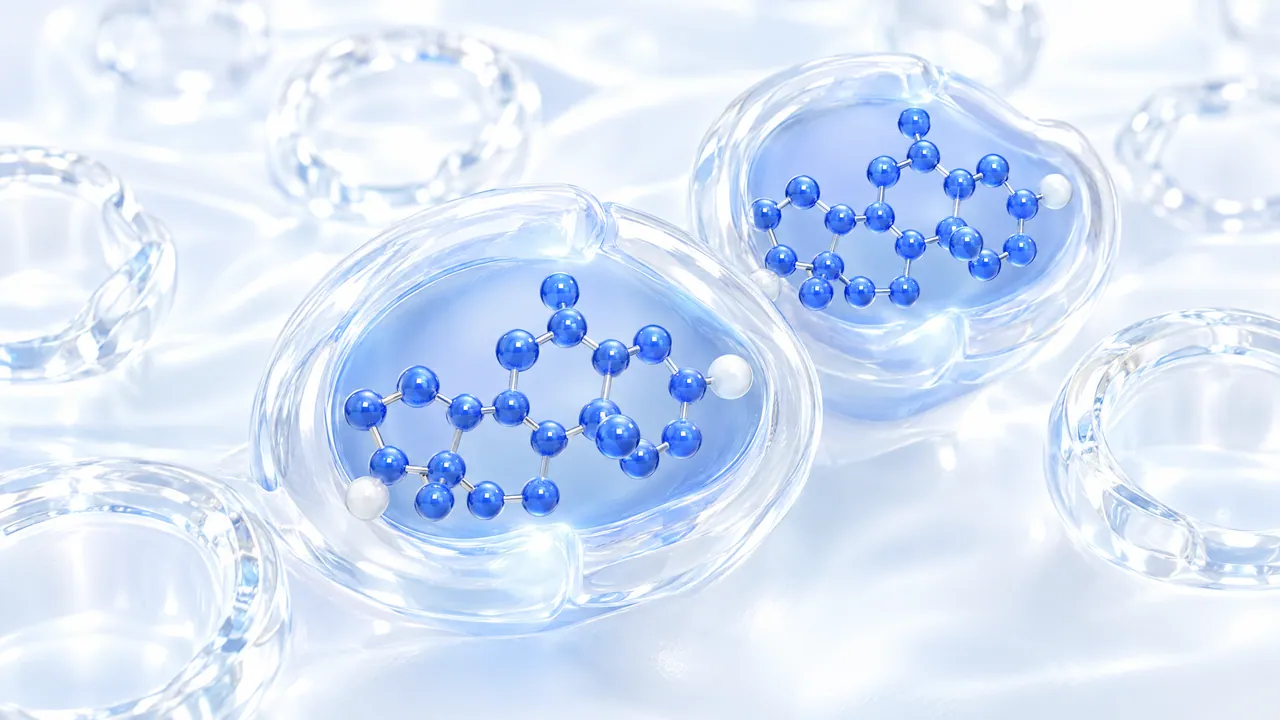 Two blue 3D steroid molecules sit tightly in transparent glass enzyme shells, empty glass rings around them on a light surface