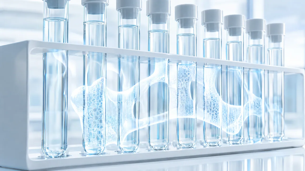 Row of test tubes with clear liquid in a white rack, a translucent spongy bone structure behind them