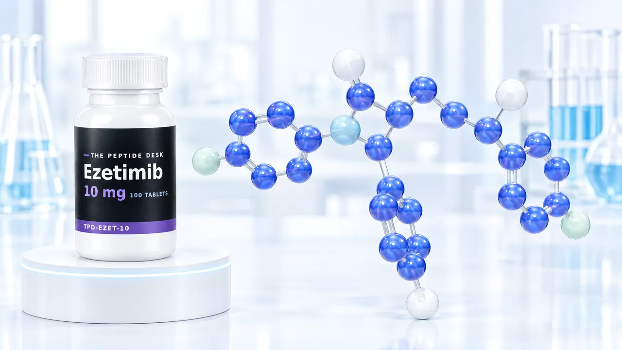 White tablet bottle with a black TPD label for ezetimibe on a white podium, next to it a large blue 3D molecule in a bright lab