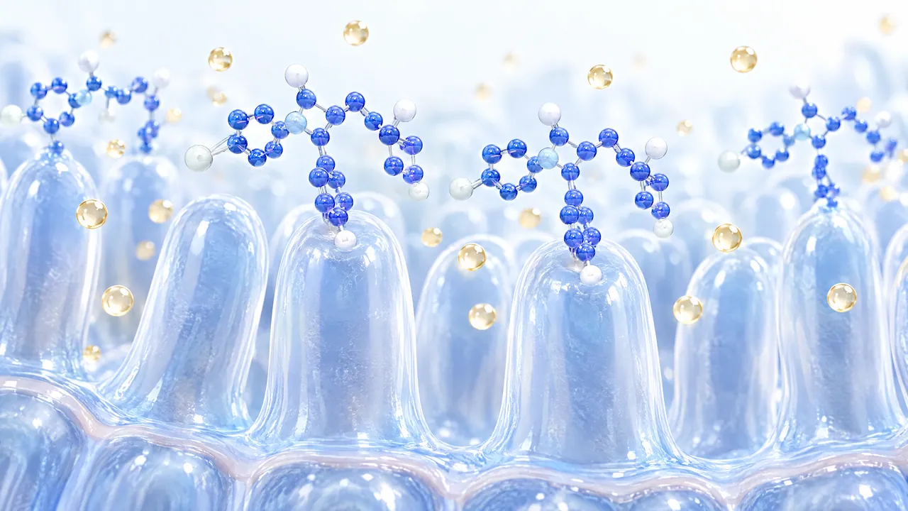 Blue molecules sitting on glassy intestinal villi with golden fat droplets floating in between