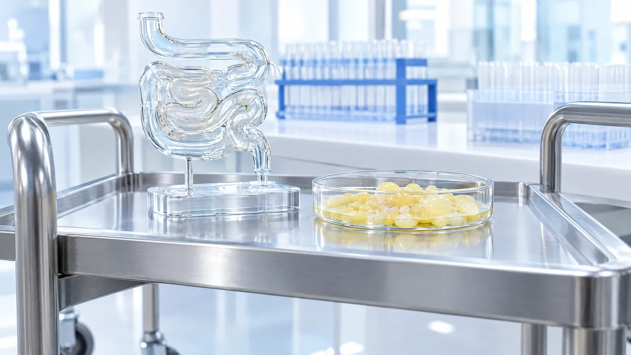 Glass model of the intestine and a Petri dish with yellow fat droplets on a stainless steel lab cart