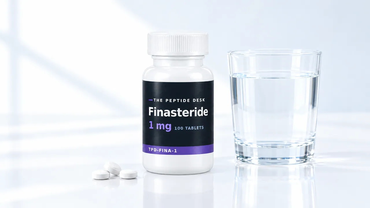 White tablet bottle with a black TPD label for finasteride, next to it three tablets and a glass of water