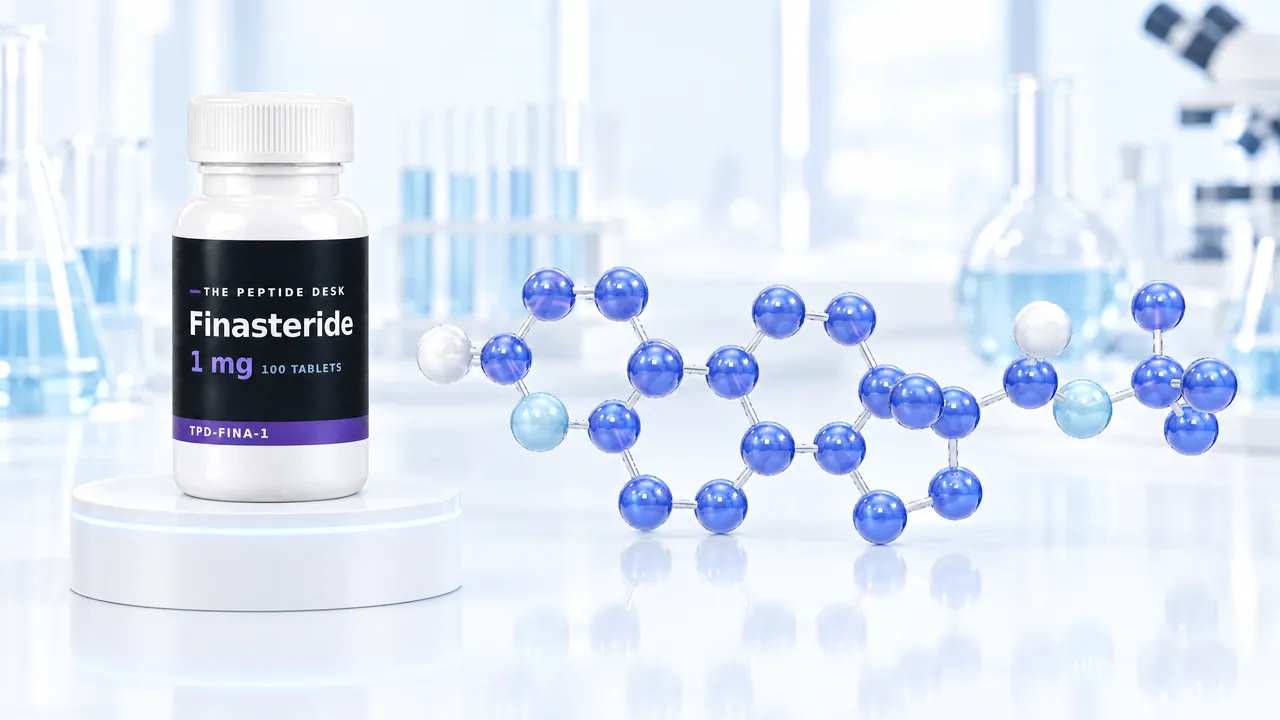 White tablet bottle with a black TPD label for finasteride on a white podium, next to it a large blue 3D molecule in a bright lab