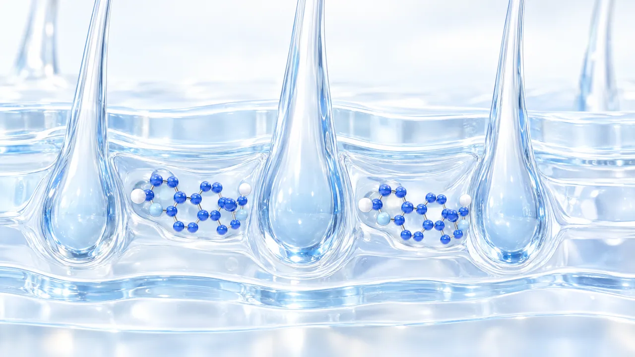 Glassy hair follicles in a transparent skin layer with blue molecules in between
