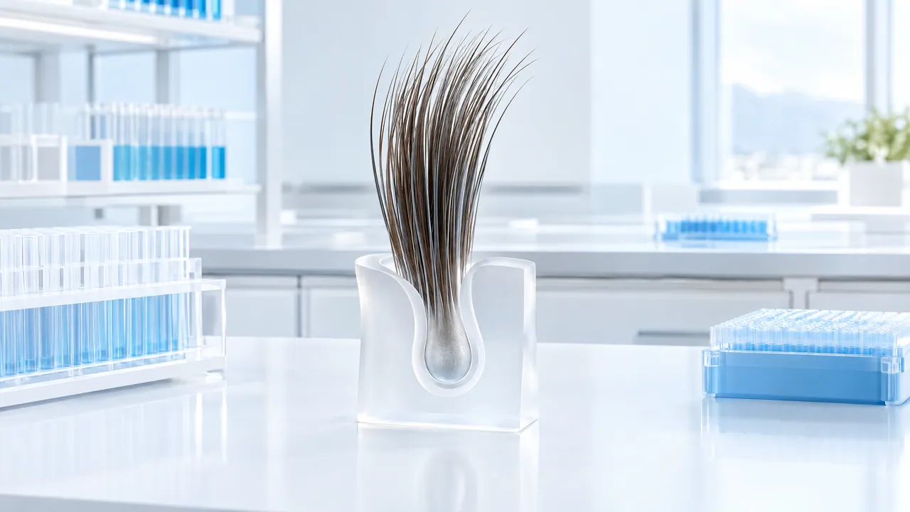 Tuft of dark hair in a frosted glass block with a follicle model on a bright lab bench