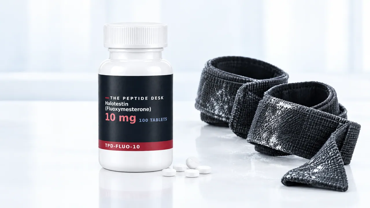 White tablet bottle with a black TPD label, a few tablets in front, next to it black lifting straps with chalk residue