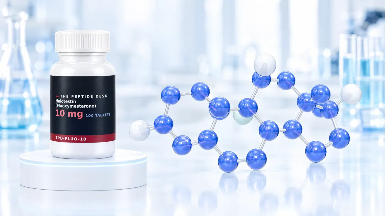 White tablet bottle with a black TPD label for fluoxymesterone on a white podium, next to it a large blue 3D steroid molecule in a bright lab