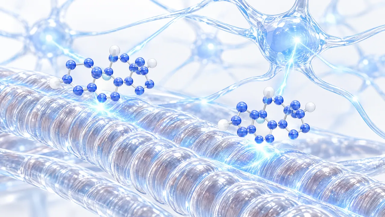 Blue steroid molecules on glassy muscle fibres with glowing nerve cells above