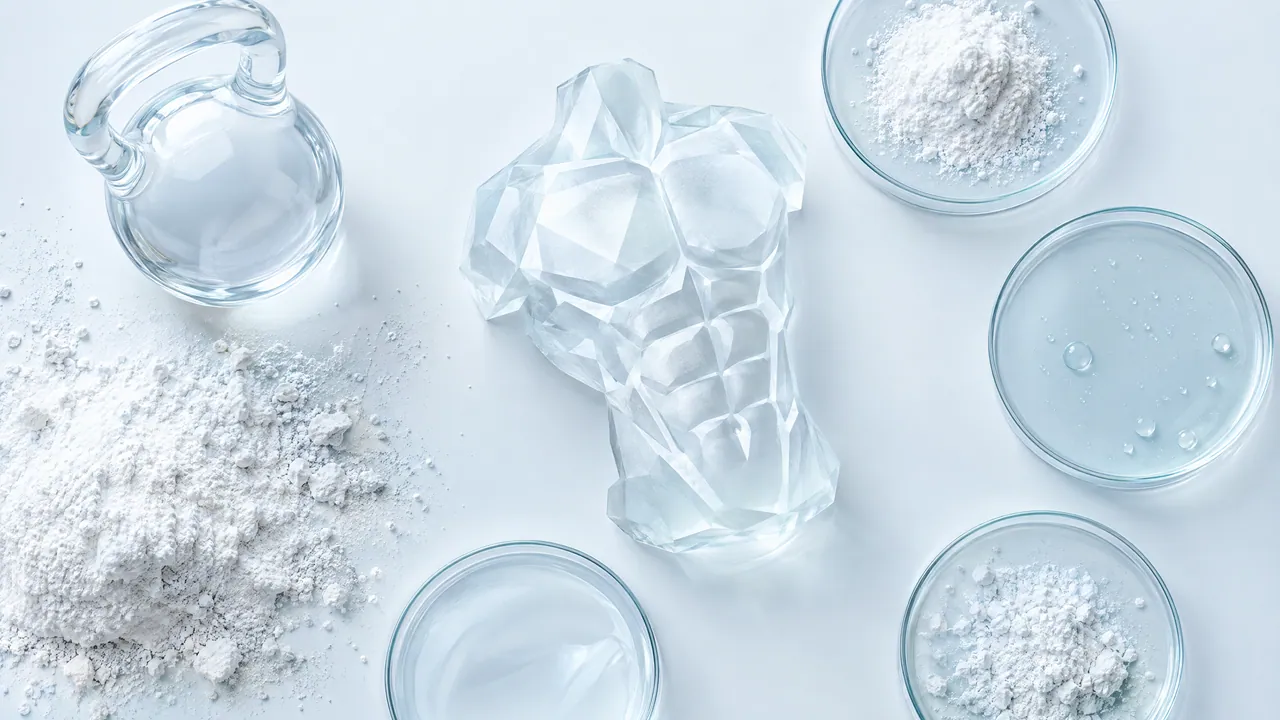 Glass kettlebell, a faceted glass torso and Petri dishes with white powder seen from above
