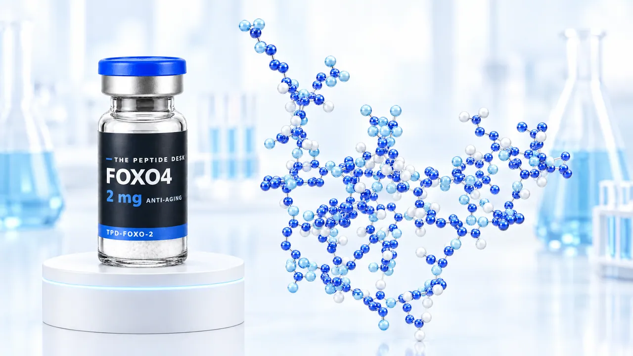 Vial with white powder, a blue cap and a black TPD label for FOXO4 on a white podium, next to it a large, branched molecule model of blue and white glass spheres in a bright lab