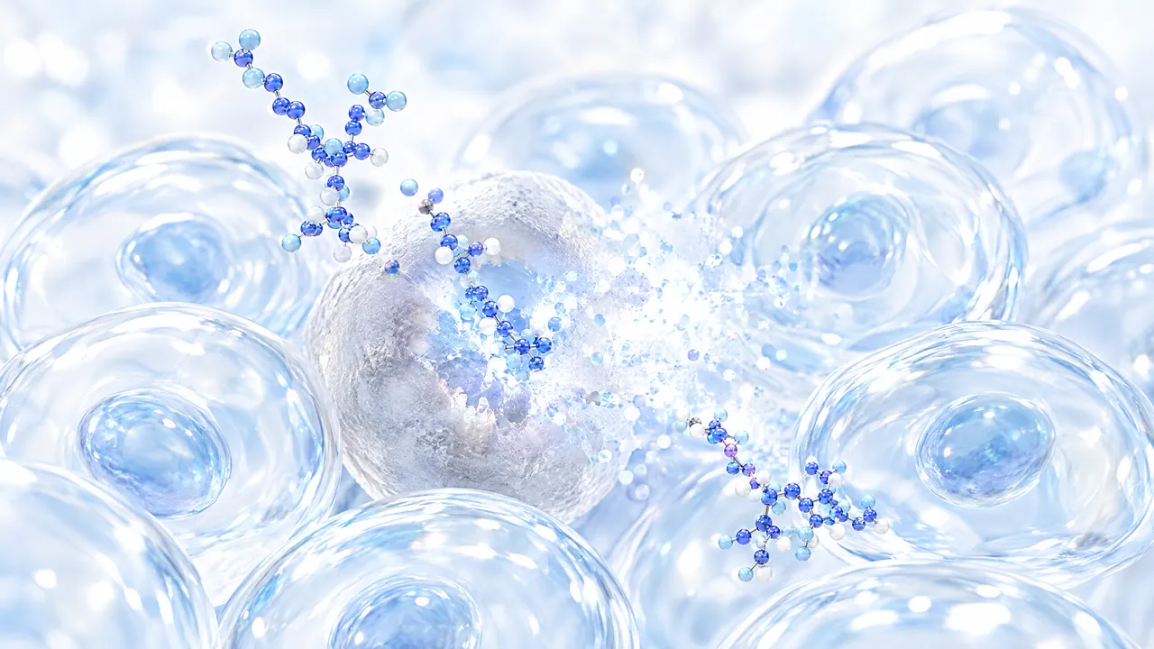 Many clear glass cells, in the centre a dull, aged cell that blue molecules enter and that breaks up into particles of light