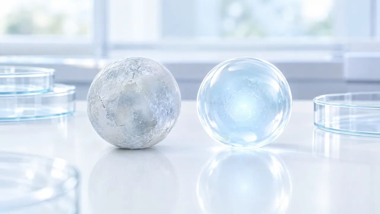 Two spheres on a bright lab bench: one grey and cracked, one clear and glowing, petri dishes beside them
