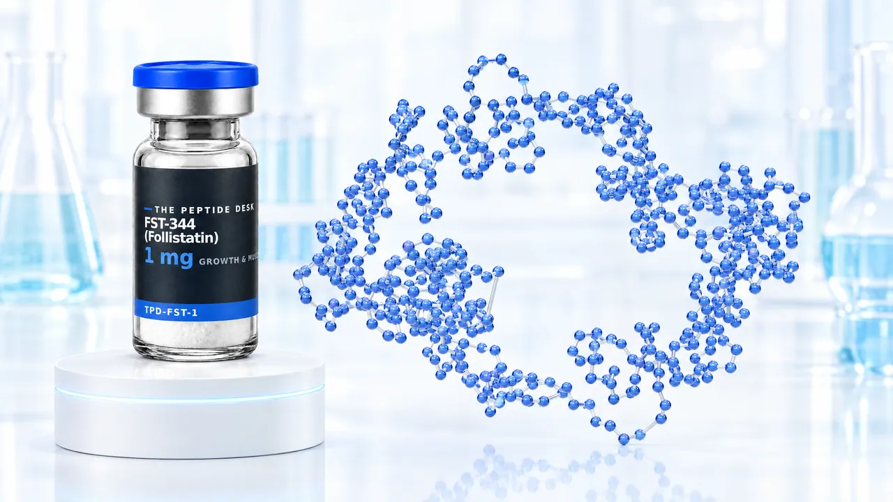 FST-344 vial labelled follistatin with the black TPD label on a white podium, next to a large blue 3D model of a ring-shaped folded protein chain in a bright lab