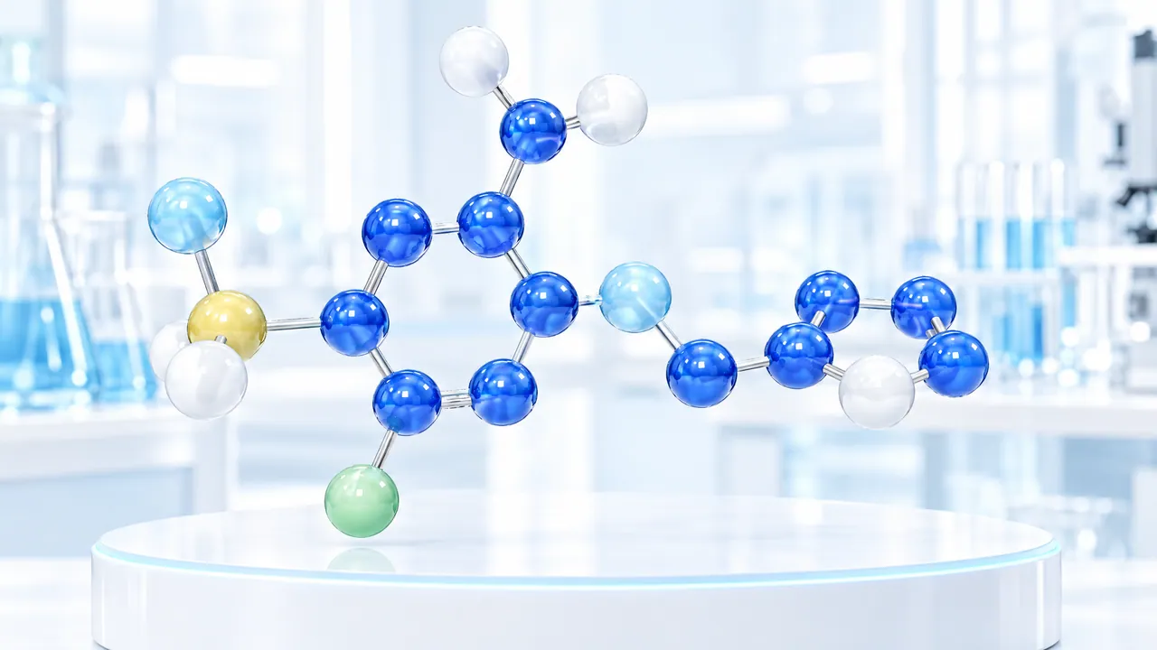 Large blue 3D molecule on a white podium in a bright lab, symbolic image for furosemide