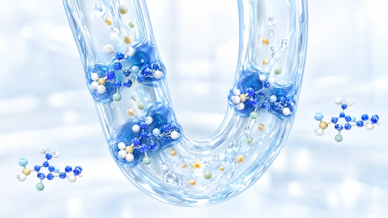 Glassy U-shaped tube with blue structures in its wall, coloured particles and blue molecules inside