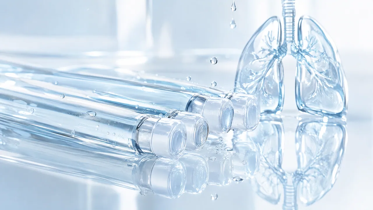 Glass test tubes with water drops lie in front of a glass model of the lungs
