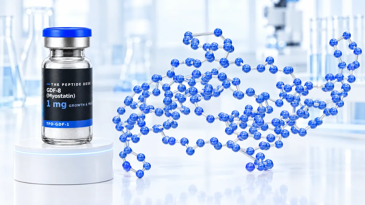 GDF-8 vial labelled myostatin with the black TPD label on a white podium, next to a large blue 3D model of a folded protein chain in a bright lab