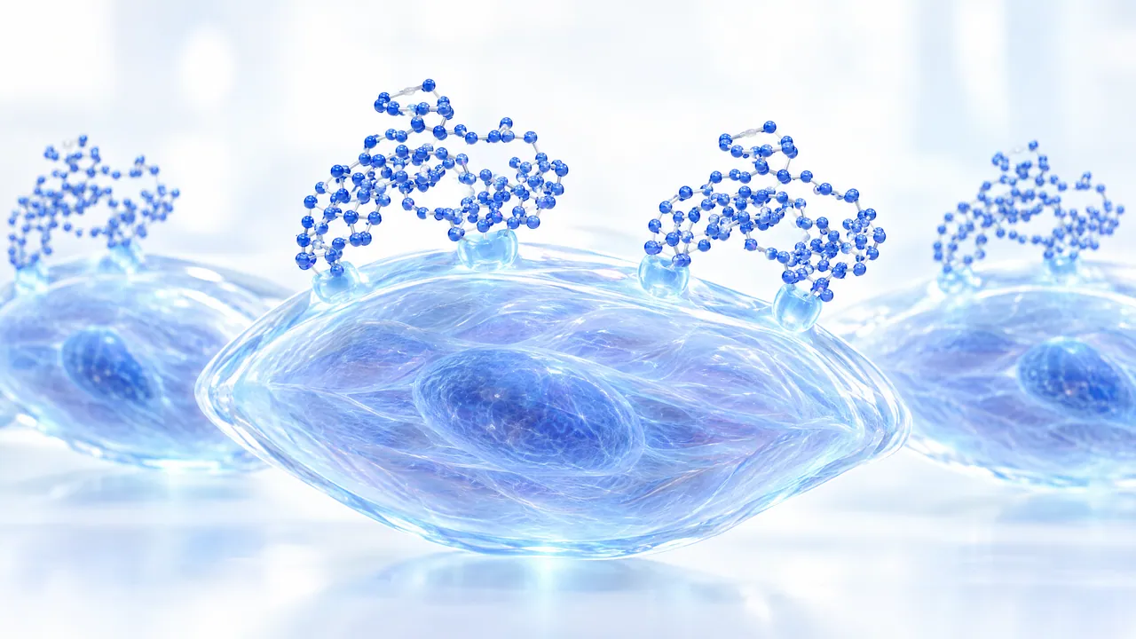Elongated glass cells in a row with blue 3D protein models sitting on them like at docking sites