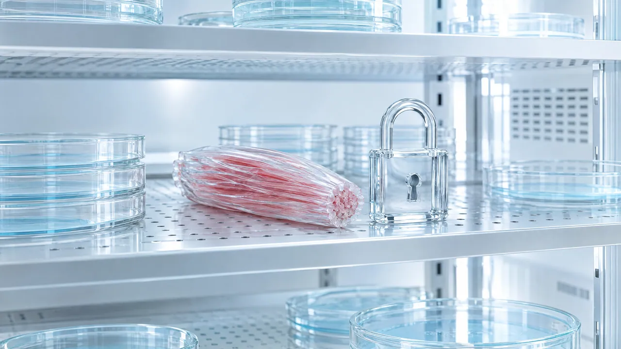Shelf in an incubator with petri dishes, holding a glass bundle of reddish muscle fibres next to a glass padlock