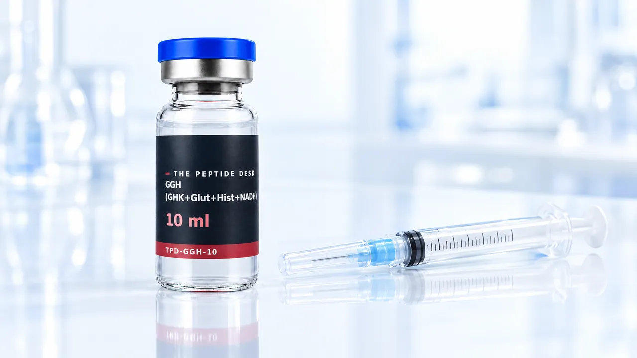 Glass vial with clear solution and a black TPD label, next to it a disposable syringe with a blue needle cap on a white lab bench
