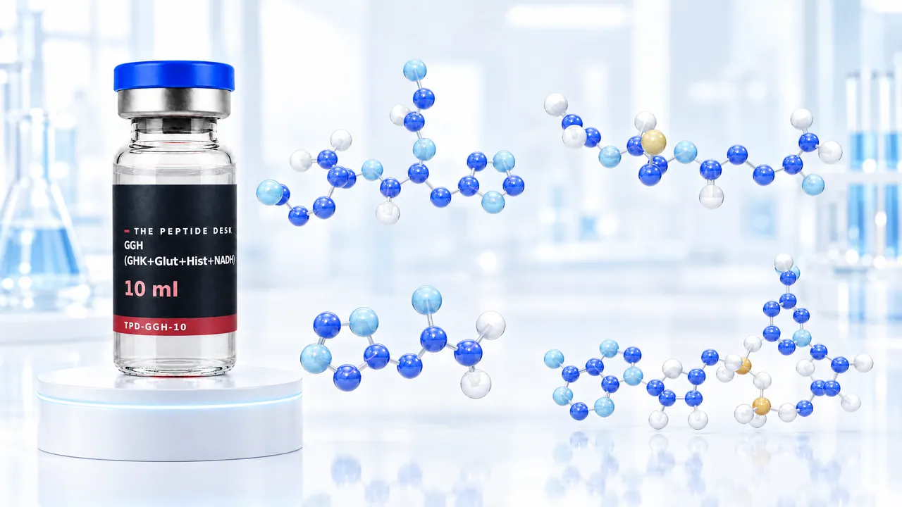 Glass vial with clear solution and a black TPD label on a white podium, next to it four different 3D molecules of blue, light blue, white and yellow spheres in a bright lab, symbolic image for GGH