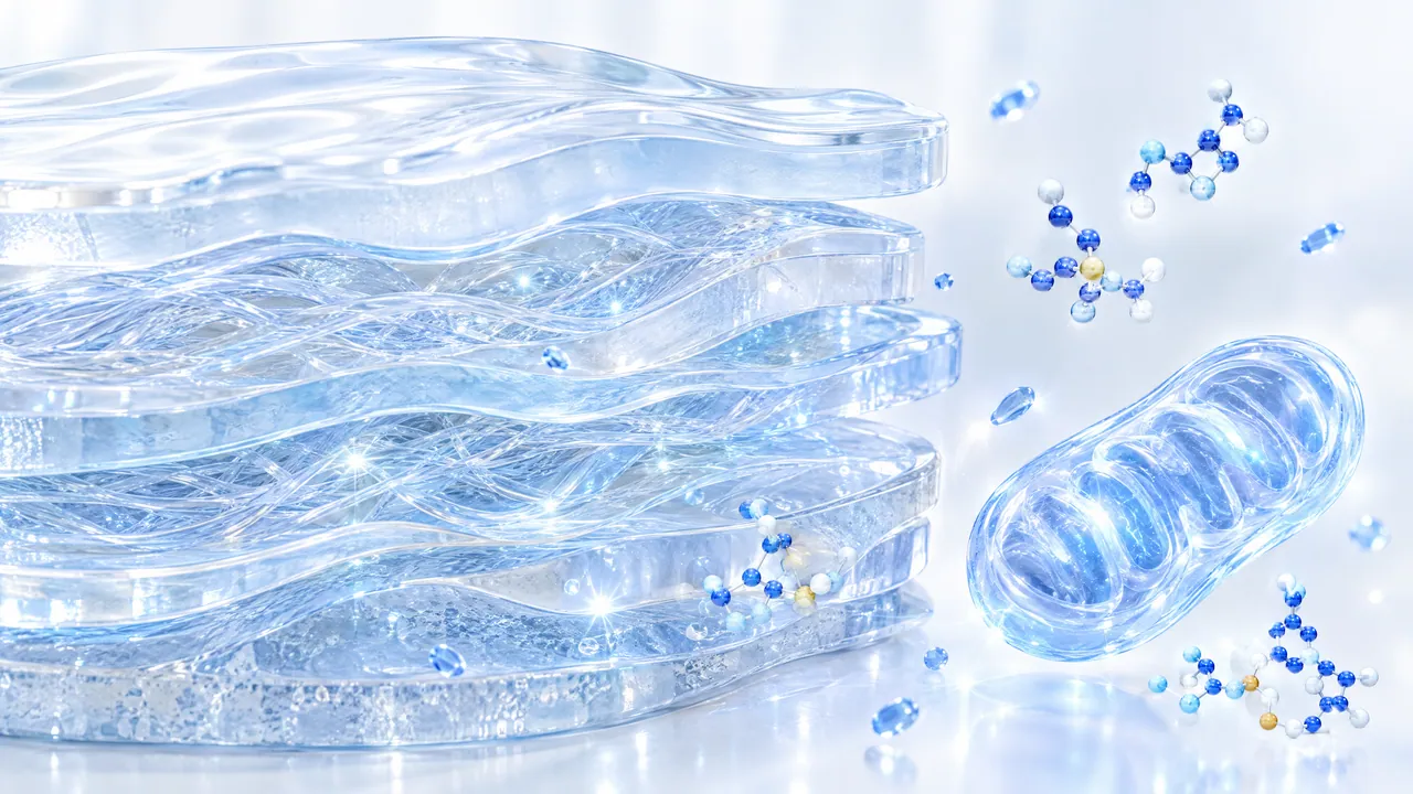 Stacked sparkling glass layers like skin layers, next to them a glass mitochondrion and small blue, white and yellow 3D molecules