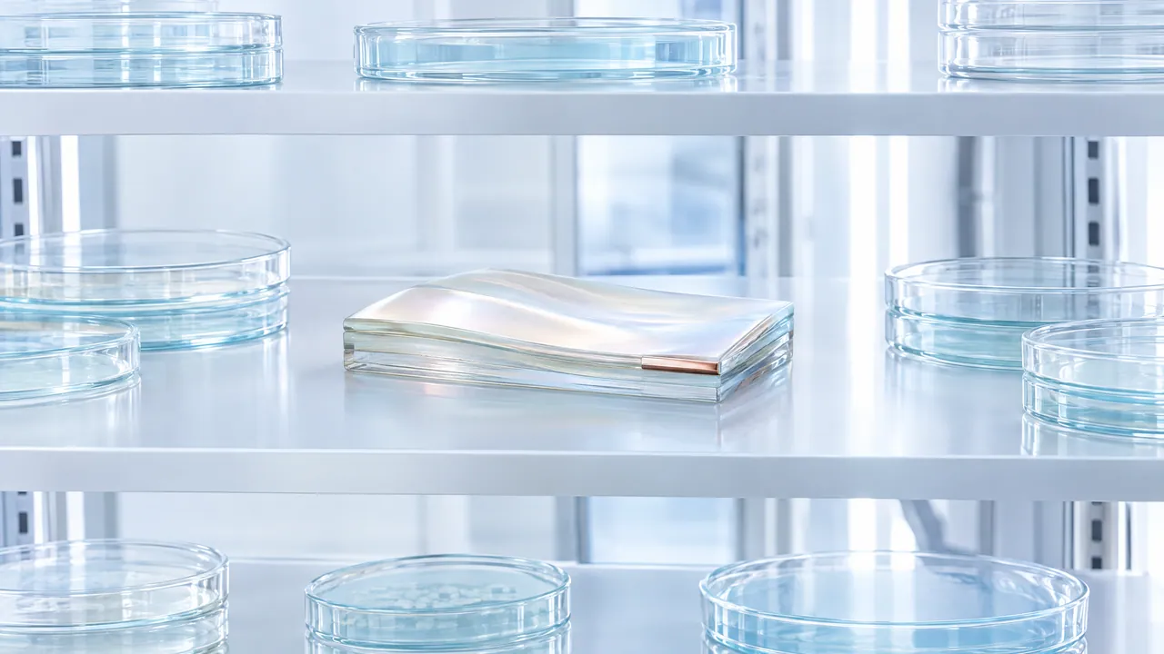 Flat shimmering glass block with a copper-coloured edge on a bright lab shelf between petri dishes