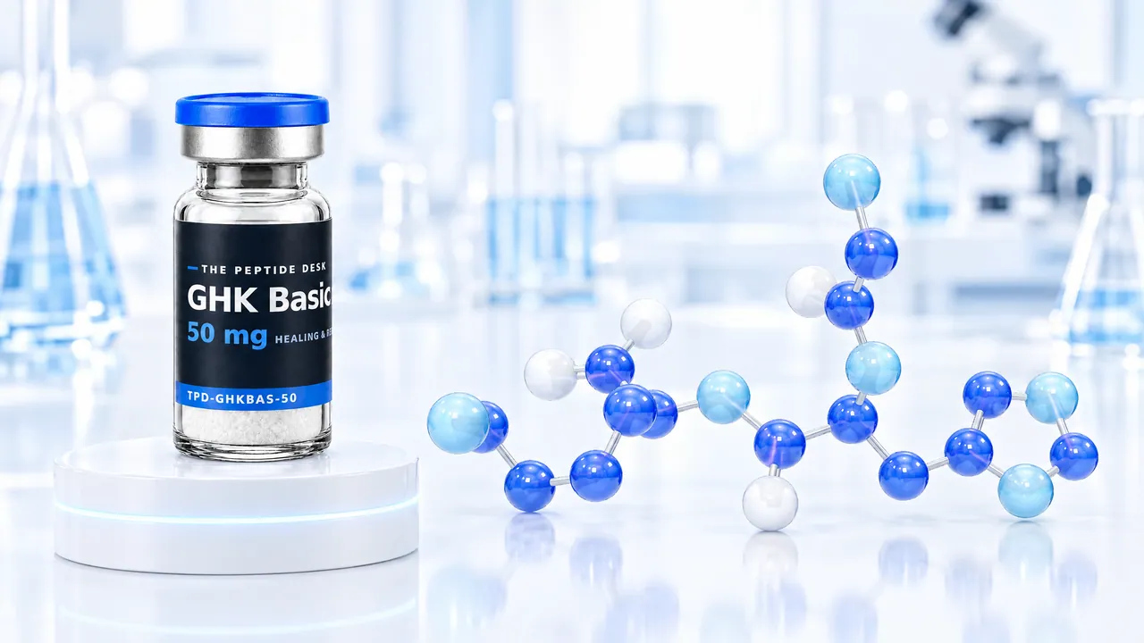 Vial with white powder, a blue cap and a black TPD label for GHK Basic on a white podium, next to it a small molecule model of blue and white glass spheres in a bright lab