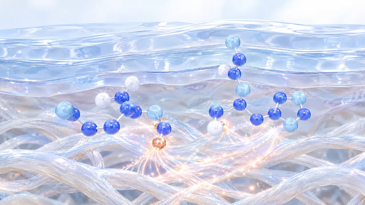 Glass skin layers above a mesh of collagen fibres, two blue molecules with a copper-coloured sphere make the fibres glow warmly