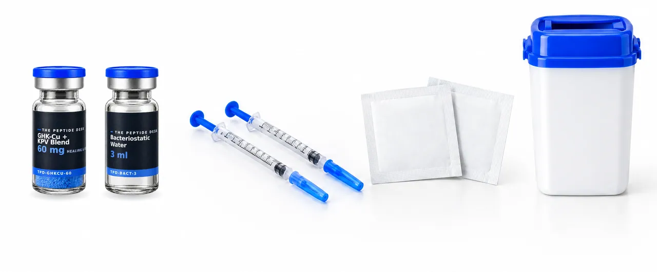 GHK-Cu + KPV Blend vial with blue powder and bacteriostatic water at the same size with the black TPD label, next to two U-100 insulin syringes, two alcohol swabs and a sharps container with a blue lid