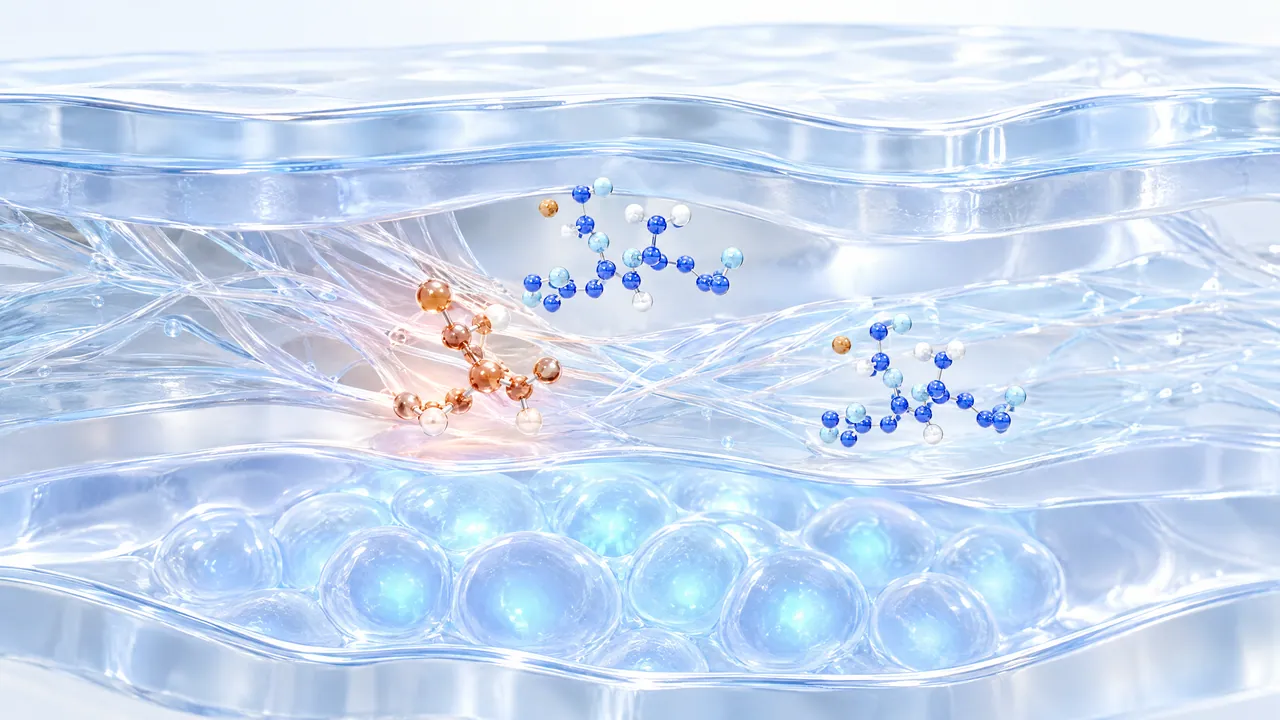 Glass-like skin layers with fine fibres, blue and copper-coloured molecules inside, glowing light blue cells below