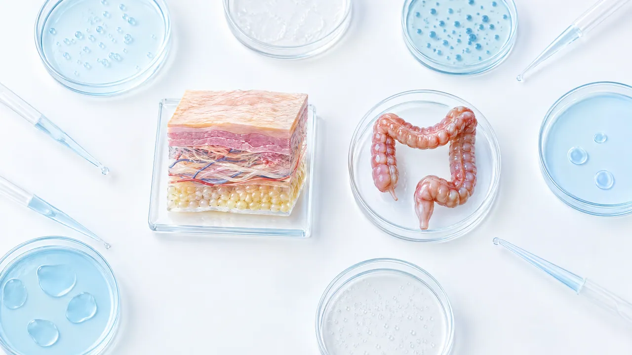 Petri dishes and pipettes around a layered skin sample and a gut model in glass dishes on a bright lab bench