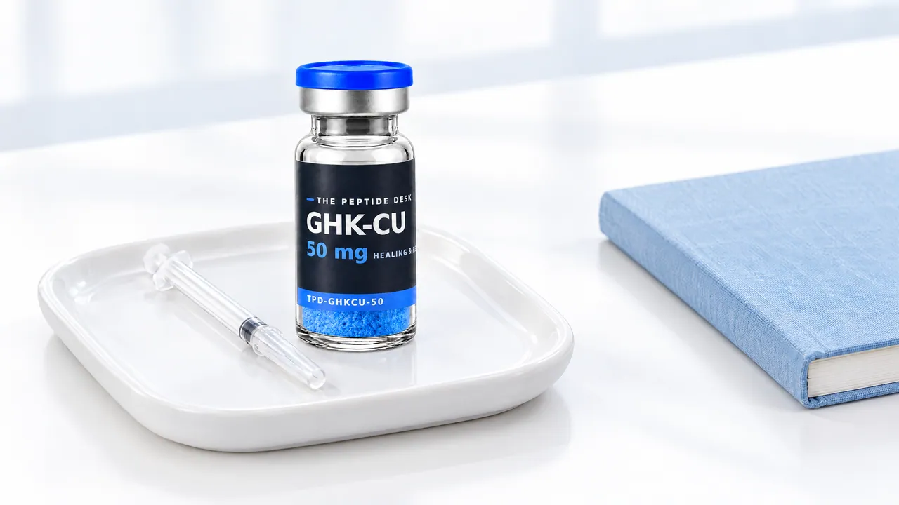 GHK-Cu vial with blue powder on a white ceramic tray with an insulin syringe and a closed notebook