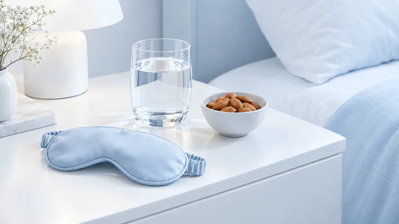 Bedside table with a glass of water, a bowl of almonds and a light blue sleep mask next to a bright bed