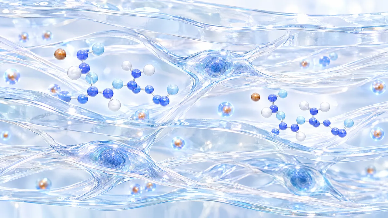 Translucent connective tissue with fibres and cell nuclei, with blue 3D molecules and small copper-coloured spheres in between