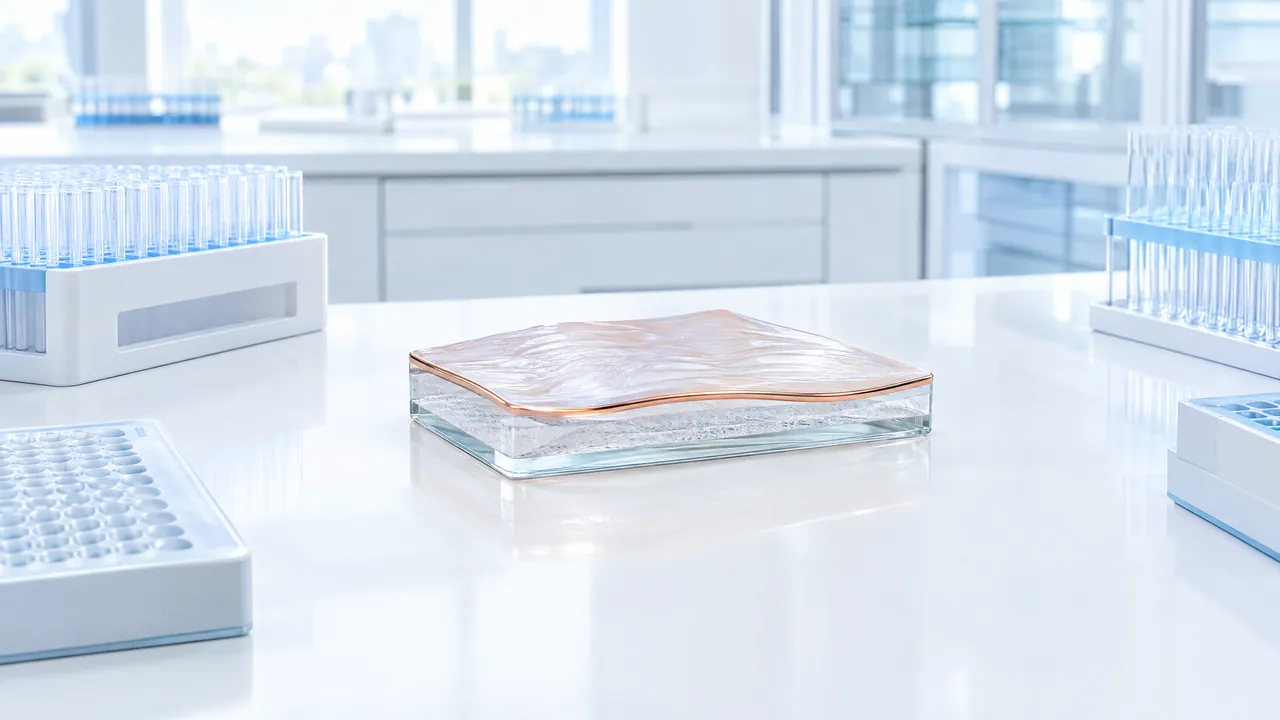 Glass dish with a skin-coloured tissue sample on a bright lab bench, next to test tubes and a microplate