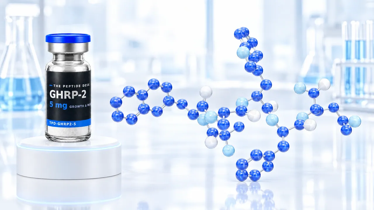 GHRP-2 vial with white powder and the black TPD label on a white podium, next to a large blue 3D molecule model in a bright lab