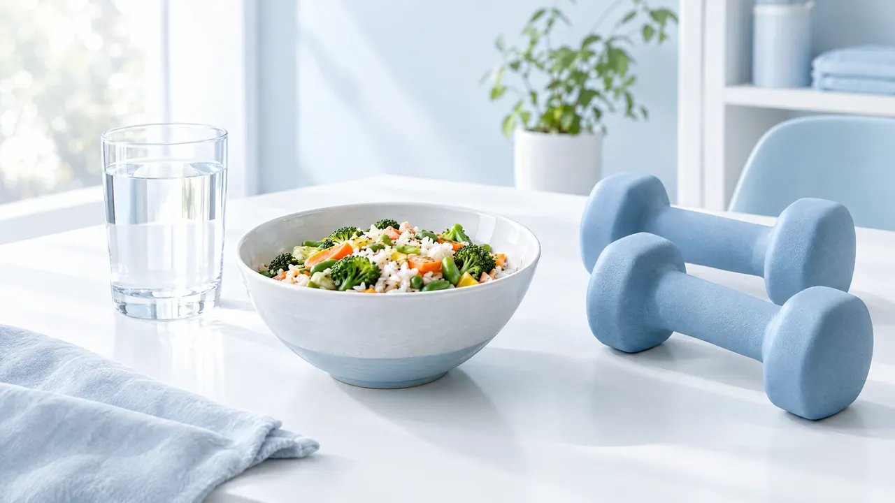 Bright table with a glass of water, a bowl of rice with vegetables and two light blue dumbbells