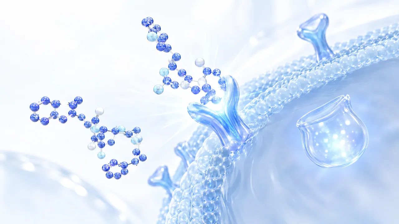 Blue 3D molecules dock onto glass-like receptors on a light blue cell membrane