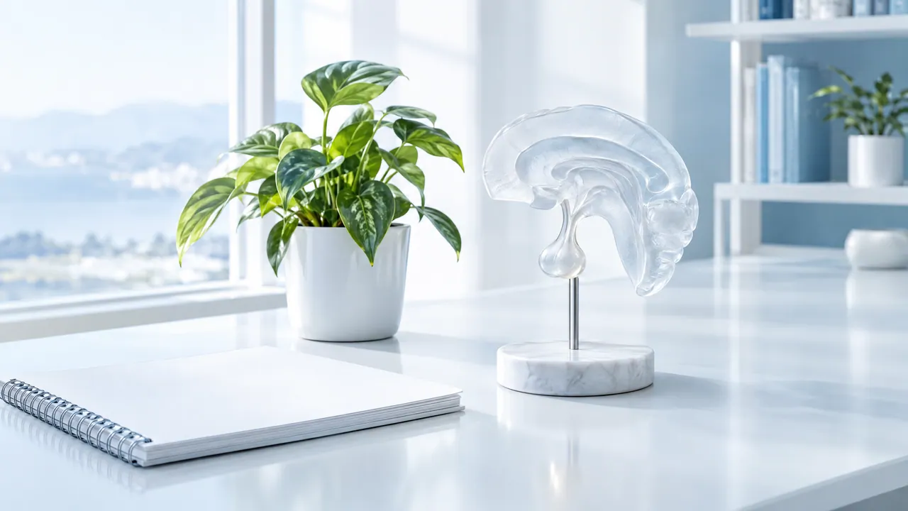 Bright desk by the window with a plant, a notepad and a glass anatomical model on a marble stand