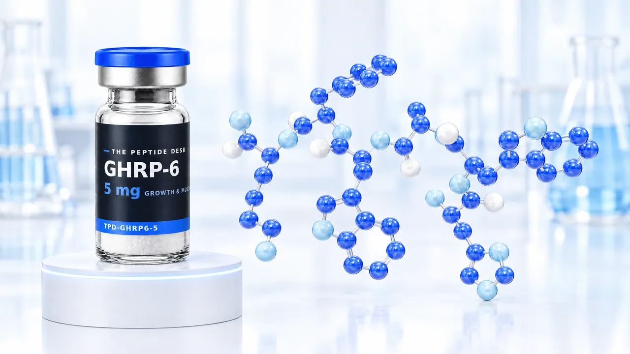 GHRP-6 vial with white powder and the black TPD label on a white podium, next to a blue 3D molecule model in a bright lab