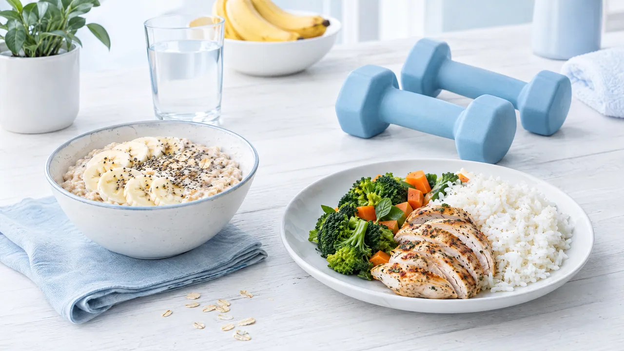Bright table with oats and banana, a plate of chicken, rice and broccoli, a glass of water and light blue dumbbells
