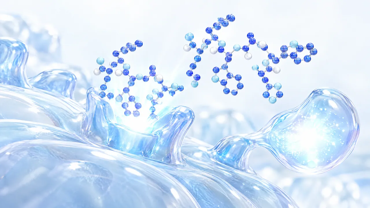 Blue 3D molecule chains float above a glass-like, wavy tissue surface with a glowing docking site