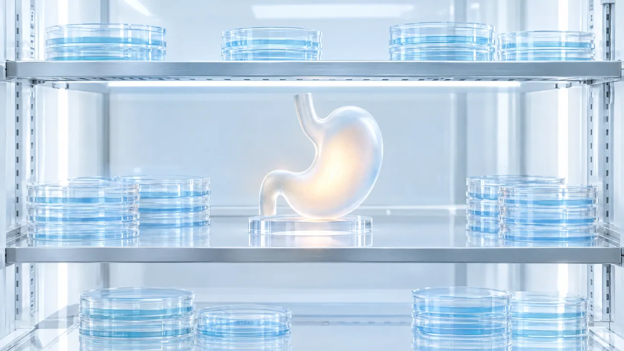 Lab cabinet with Petri dishes on glass shelves, a glowing glass stomach model in the middle